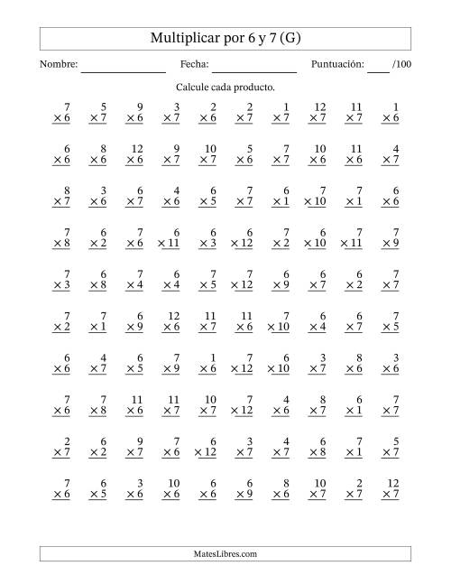 La hoja de ejercicios de Multiplicar (Factores de 1 a 12) por 6 y 7 (100 Preguntas) (G)