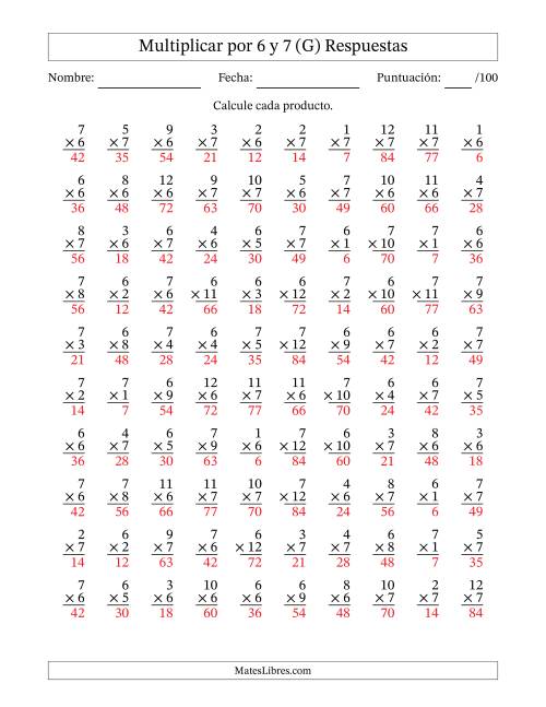 La hoja de ejercicios de Multiplicar (Factores de 1 a 12) por 6 y 7 (100 Preguntas) (G) Página 2