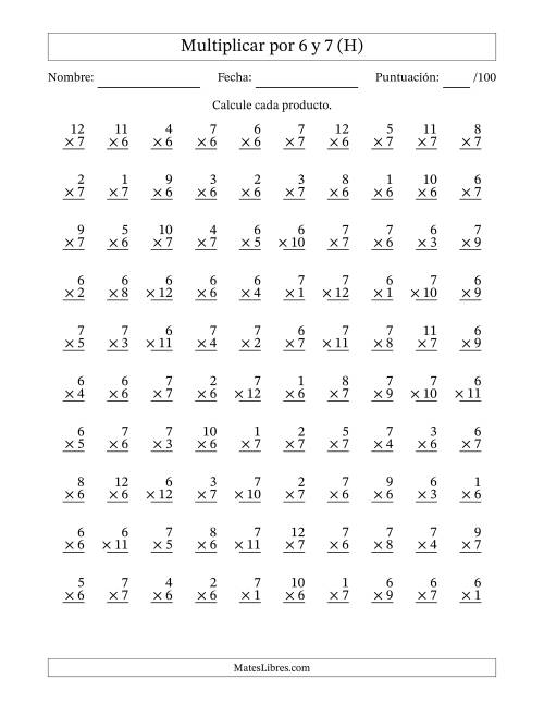 La hoja de ejercicios de Multiplicar (Factores de 1 a 12) por 6 y 7 (100 Preguntas) (H)