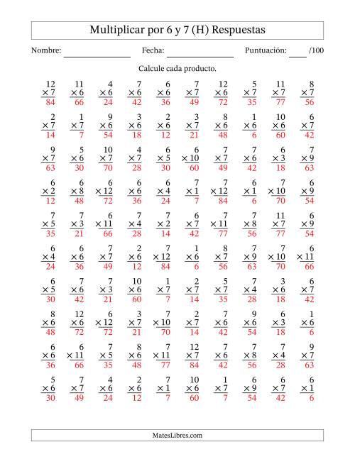 La hoja de ejercicios de Multiplicar (Factores de 1 a 12) por 6 y 7 (100 Preguntas) (H) Página 2