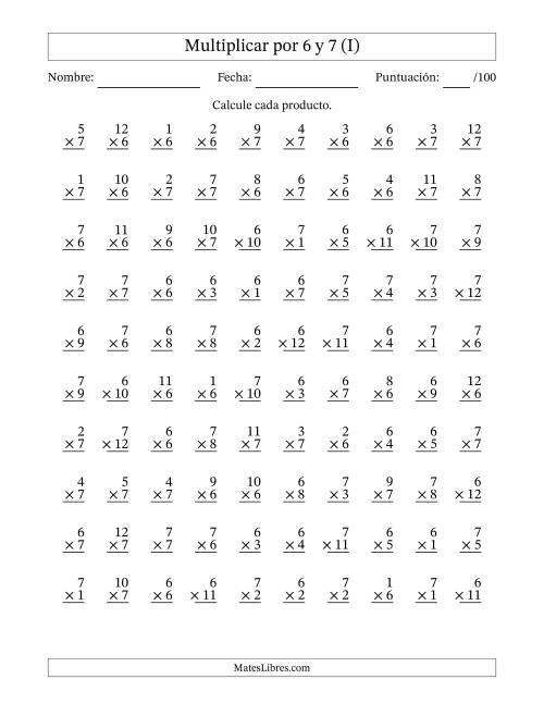 La hoja de ejercicios de Multiplicar (Factores de 1 a 12) por 6 y 7 (100 Preguntas) (I)