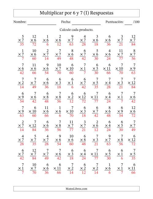 La hoja de ejercicios de Multiplicar (Factores de 1 a 12) por 6 y 7 (100 Preguntas) (I) Página 2