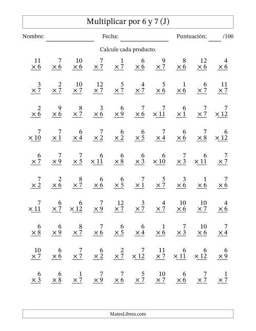 La hoja de ejercicios de Multiplicar (Factores de 1 a 12) por 6 y 7 (100 Preguntas) (J)