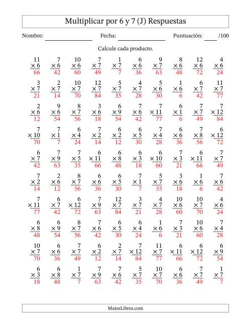 La hoja de ejercicios de Multiplicar (Factores de 1 a 12) por 6 y 7 (100 Preguntas) (J) Página 2
