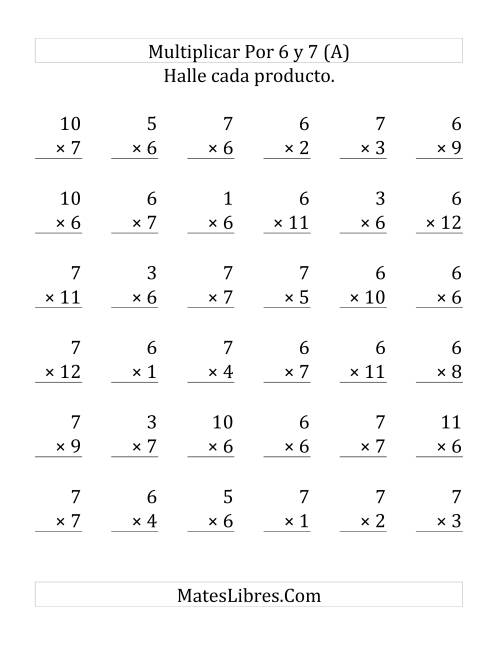 La hoja de ejercicios de Multiplicar de 1 a 12 por 6 y 7 (Grande)