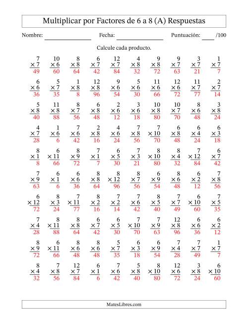 La hoja de ejercicios de Multiplicar (Factores de 1 a 12) por Factores de 6 a 8 (100 Preguntas) (A) Página 2