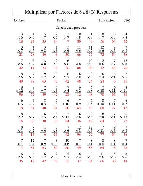 La hoja de ejercicios de Multiplicar (Factores de 1 a 12) por Factores de 6 a 8 (100 Preguntas) (B) Página 2