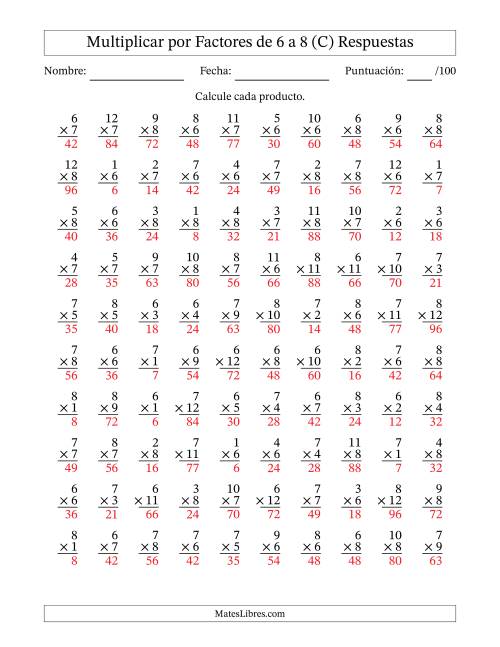 La hoja de ejercicios de Multiplicar (Factores de 1 a 12) por Factores de 6 a 8 (100 Preguntas) (C) Página 2