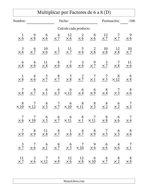 La hoja de ejercicios de Multiplicar (Factores de 1 a 12) por Factores de 6 a 8 (100 Preguntas) (D)