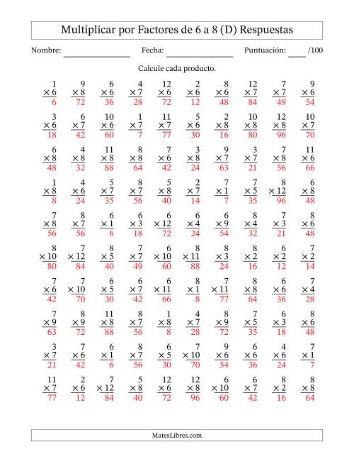 La hoja de ejercicios de Multiplicar (Factores de 1 a 12) por Factores de 6 a 8 (100 Preguntas) (D) Página 2