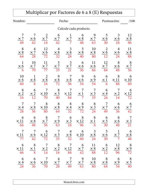 La hoja de ejercicios de Multiplicar (Factores de 1 a 12) por Factores de 6 a 8 (100 Preguntas) (E) Página 2