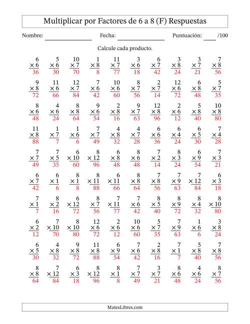 La hoja de ejercicios de Multiplicar (Factores de 1 a 12) por Factores de 6 a 8 (100 Preguntas) (F) Página 2