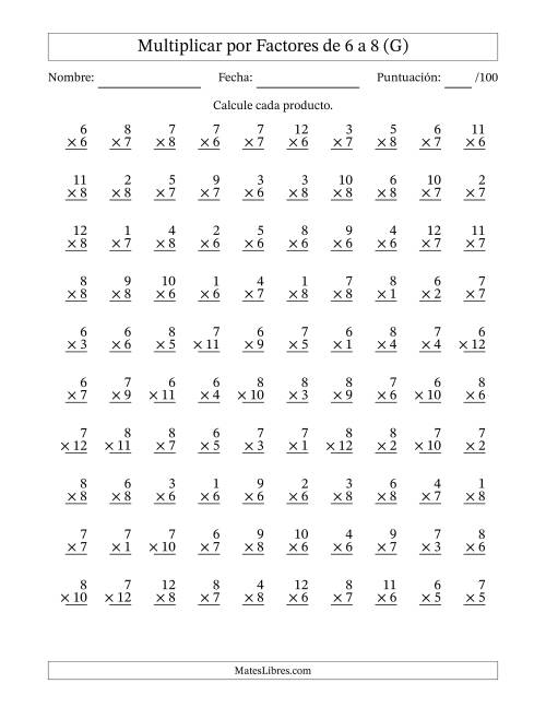 La hoja de ejercicios de Multiplicar (Factores de 1 a 12) por Factores de 6 a 8 (100 Preguntas) (G)