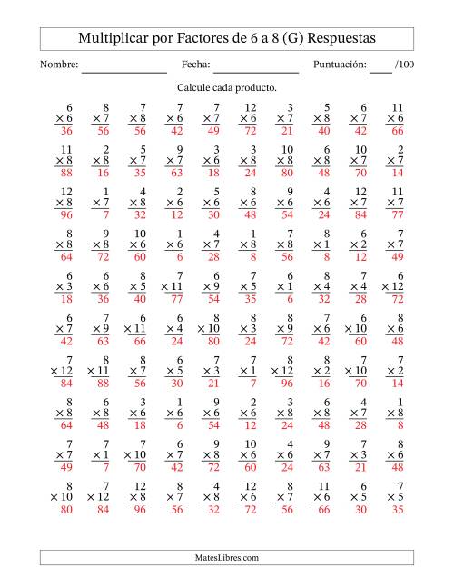 La hoja de ejercicios de Multiplicar (Factores de 1 a 12) por Factores de 6 a 8 (100 Preguntas) (G) Página 2