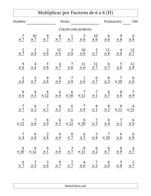 La hoja de ejercicios de Multiplicar (Factores de 1 a 12) por Factores de 6 a 8 (100 Preguntas) (H)