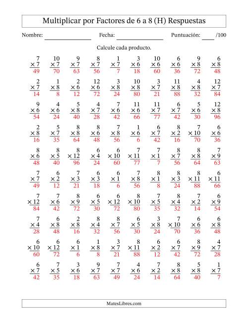 La hoja de ejercicios de Multiplicar (Factores de 1 a 12) por Factores de 6 a 8 (100 Preguntas) (H) Página 2