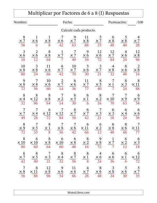 La hoja de ejercicios de Multiplicar (Factores de 1 a 12) por Factores de 6 a 8 (100 Preguntas) (I) Página 2