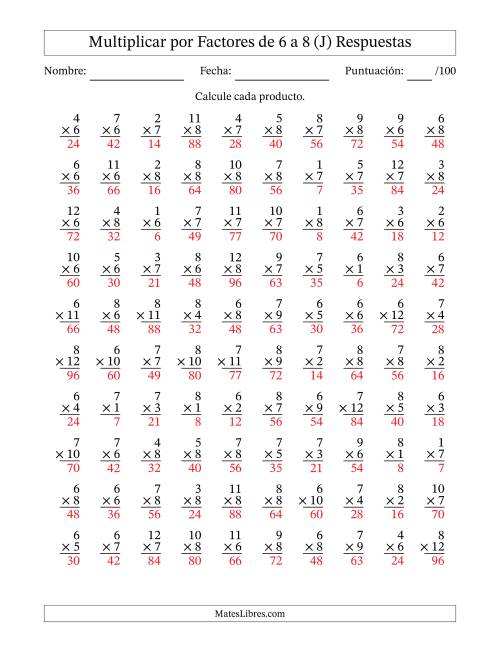 La hoja de ejercicios de Multiplicar (Factores de 1 a 12) por Factores de 6 a 8 (100 Preguntas) (J) Página 2