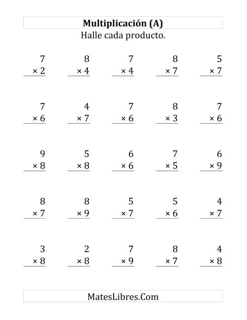 La hoja de ejercicios de Multiplicar con 6, 7 y 8 (rango de 2 a 9) (Grande)