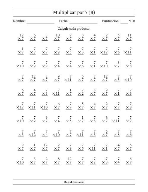 La hoja de ejercicios de Multiplicar (Factores de 1 a 12) por 7 (100 Preguntas) (B)