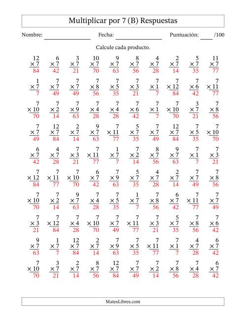 La hoja de ejercicios de Multiplicar (Factores de 1 a 12) por 7 (100 Preguntas) (B) Página 2