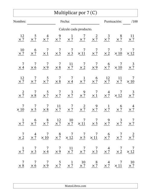 La hoja de ejercicios de Multiplicar (Factores de 1 a 12) por 7 (100 Preguntas) (C)