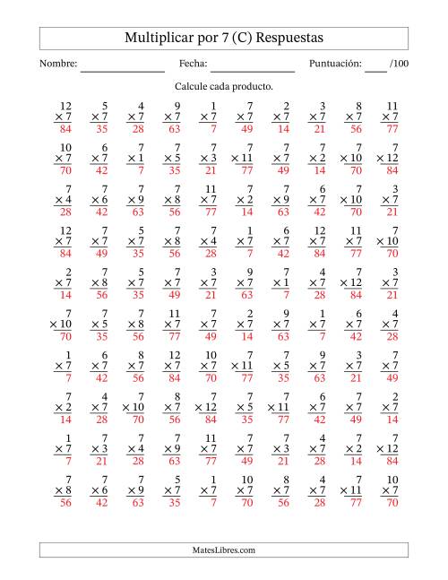 La hoja de ejercicios de Multiplicar (Factores de 1 a 12) por 7 (100 Preguntas) (C) Página 2