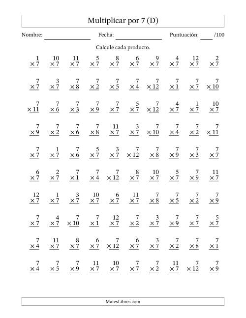 La hoja de ejercicios de Multiplicar (Factores de 1 a 12) por 7 (100 Preguntas) (D)