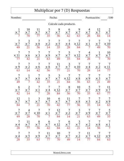 La hoja de ejercicios de Multiplicar (Factores de 1 a 12) por 7 (100 Preguntas) (D) Página 2