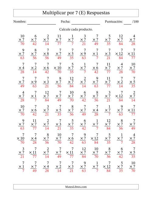 La hoja de ejercicios de Multiplicar (Factores de 1 a 12) por 7 (100 Preguntas) (E) Página 2