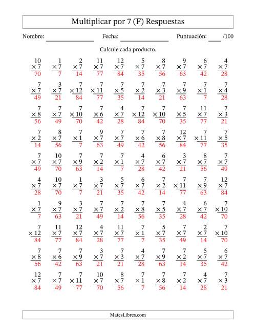 La hoja de ejercicios de Multiplicar (Factores de 1 a 12) por 7 (100 Preguntas) (F) Página 2