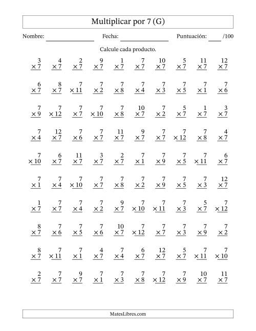 La hoja de ejercicios de Multiplicar (Factores de 1 a 12) por 7 (100 Preguntas) (G)