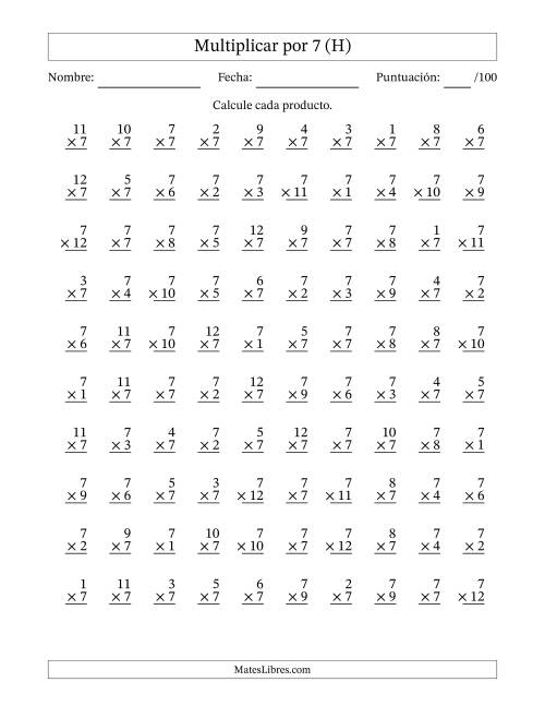 La hoja de ejercicios de Multiplicar (Factores de 1 a 12) por 7 (100 Preguntas) (H)