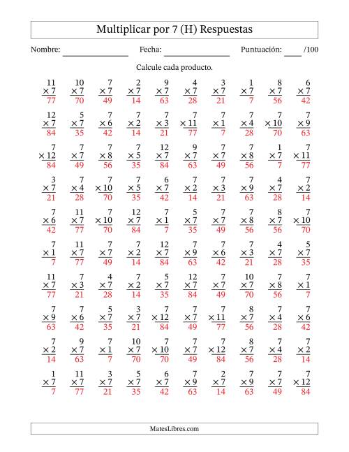 La hoja de ejercicios de Multiplicar (Factores de 1 a 12) por 7 (100 Preguntas) (H) Página 2