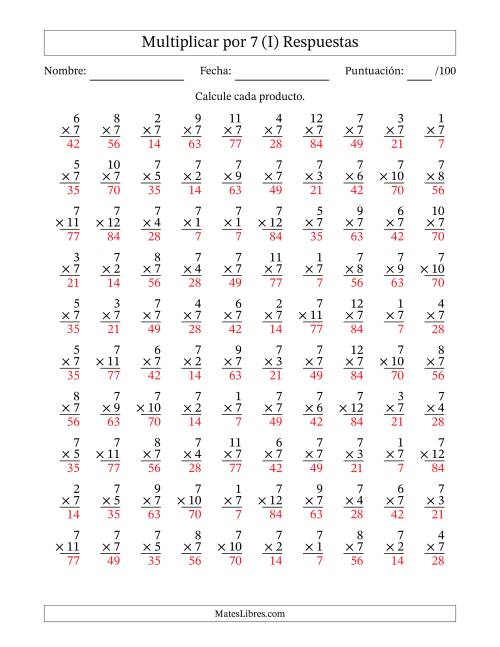 La hoja de ejercicios de Multiplicar (Factores de 1 a 12) por 7 (100 Preguntas) (I) Página 2