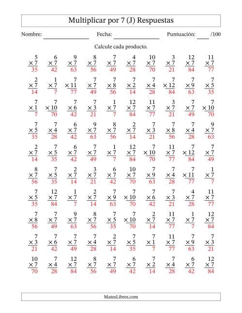 La hoja de ejercicios de Multiplicar (Factores de 1 a 12) por 7 (100 Preguntas) (J) Página 2