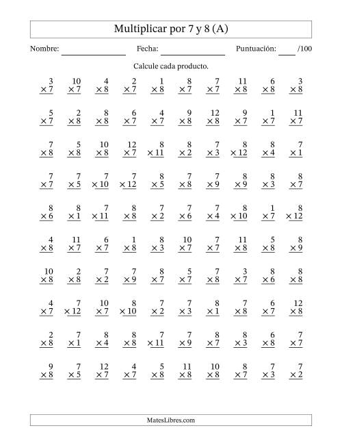 La hoja de ejercicios de Multiplicar (Factores de 1 a 12) por 7 y 8 (100 Preguntas) (A)