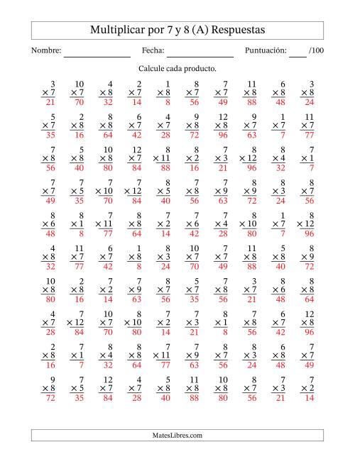 La hoja de ejercicios de Multiplicar (Factores de 1 a 12) por 7 y 8 (100 Preguntas) (A) Página 2
