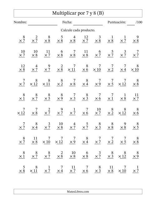La hoja de ejercicios de Multiplicar (Factores de 1 a 12) por 7 y 8 (100 Preguntas) (B)
