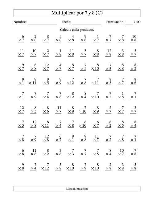La hoja de ejercicios de Multiplicar (Factores de 1 a 12) por 7 y 8 (100 Preguntas) (C)