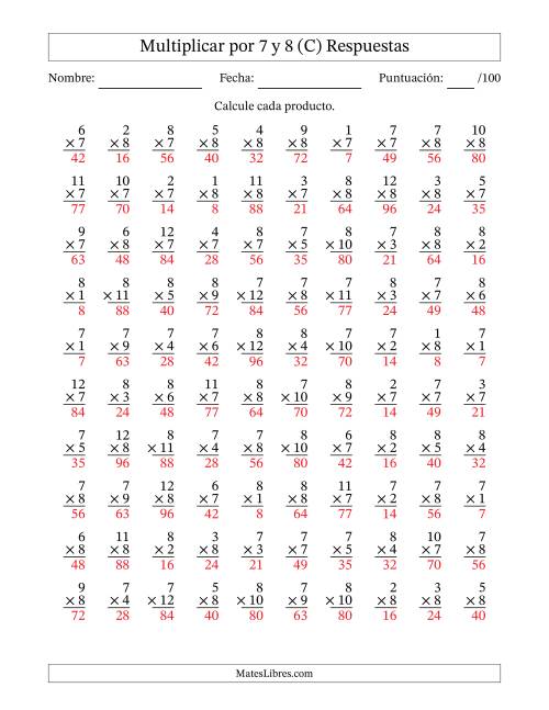 La hoja de ejercicios de Multiplicar (Factores de 1 a 12) por 7 y 8 (100 Preguntas) (C) Página 2