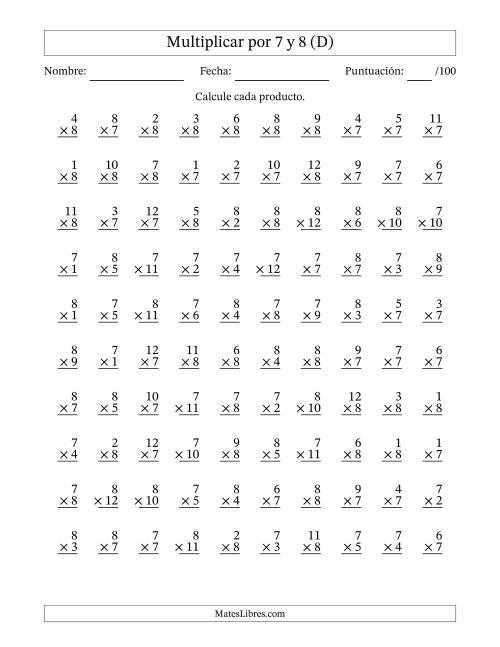 La hoja de ejercicios de Multiplicar (Factores de 1 a 12) por 7 y 8 (100 Preguntas) (D)