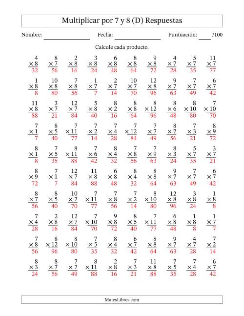 La hoja de ejercicios de Multiplicar (Factores de 1 a 12) por 7 y 8 (100 Preguntas) (D) Página 2