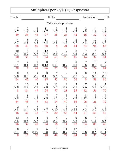 La hoja de ejercicios de Multiplicar (Factores de 1 a 12) por 7 y 8 (100 Preguntas) (E) Página 2