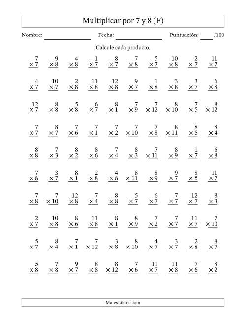 La hoja de ejercicios de Multiplicar (Factores de 1 a 12) por 7 y 8 (100 Preguntas) (F)