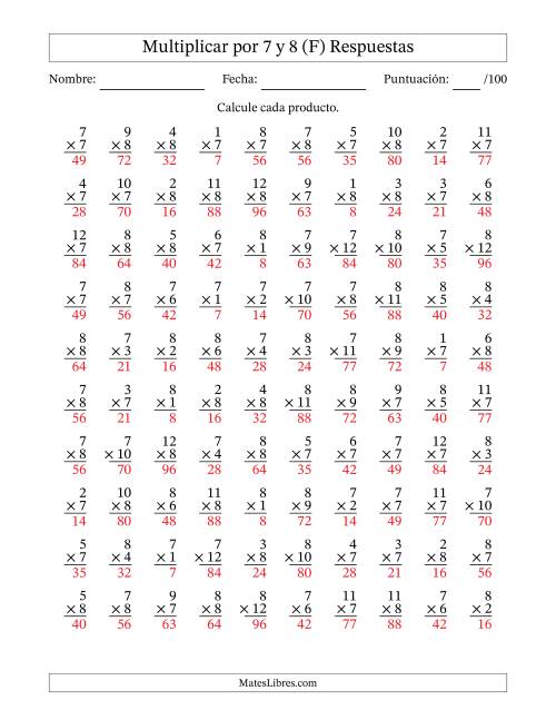 La hoja de ejercicios de Multiplicar (Factores de 1 a 12) por 7 y 8 (100 Preguntas) (F) Página 2