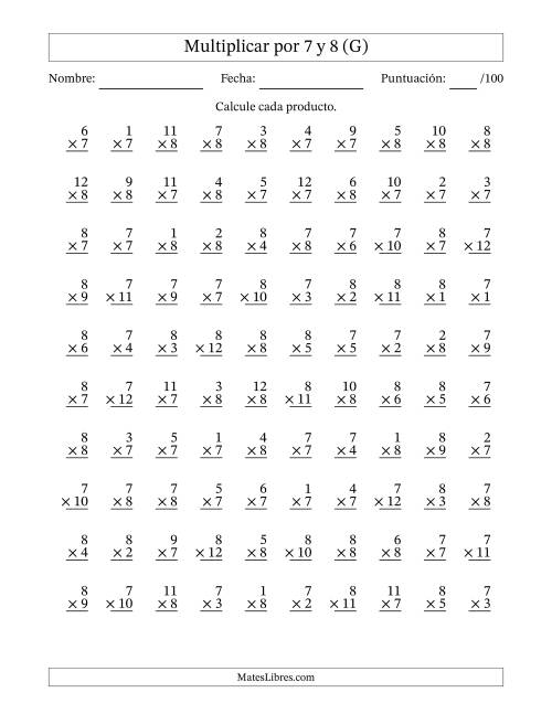 La hoja de ejercicios de Multiplicar (Factores de 1 a 12) por 7 y 8 (100 Preguntas) (G)