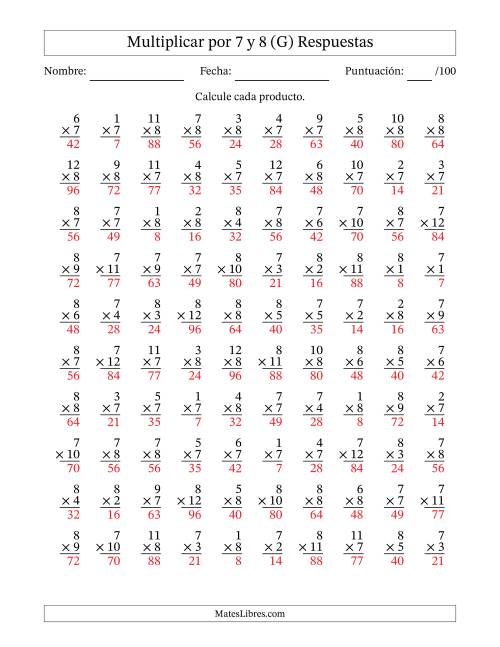 La hoja de ejercicios de Multiplicar (Factores de 1 a 12) por 7 y 8 (100 Preguntas) (G) Página 2