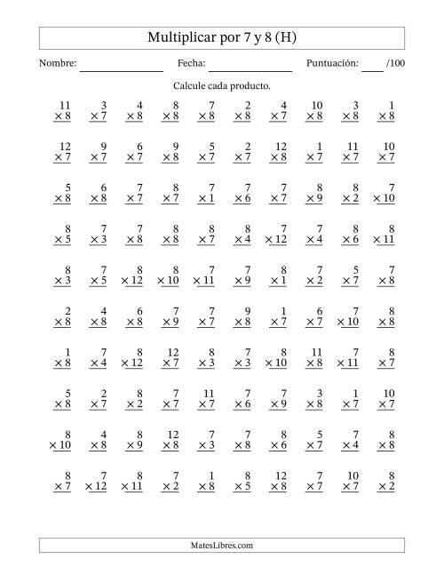 La hoja de ejercicios de Multiplicar (Factores de 1 a 12) por 7 y 8 (100 Preguntas) (H)