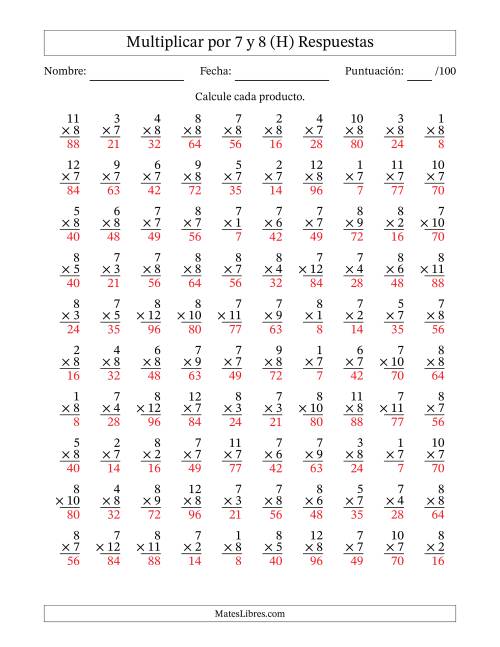 La hoja de ejercicios de Multiplicar (Factores de 1 a 12) por 7 y 8 (100 Preguntas) (H) Página 2